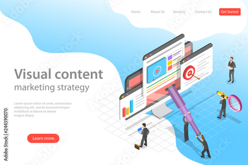 Isometric flat vector landing page template of visual data marketing strategy, data driven campaign, analyzing statistics.