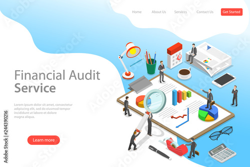 Flat isometric vector landing page template of financial audit service, tax examination report, planning and accounting.