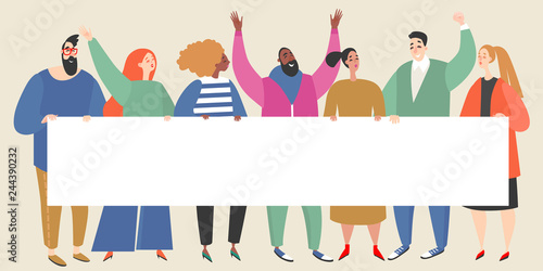 Vector illustration with a group of young women and men holding empty banner.  Colorful  cartoon  characters.  © naidzionysheva