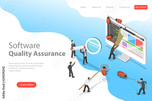 Isometric flat vector landing page template of software quality assurance, SQA, product testing and debugging, programming and coding.