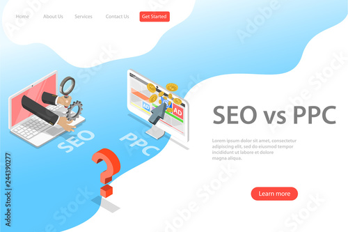 Isometric flat vector landing page template of SEO vs PPC, pay per click, search engine optimization, digital marketing strategies.