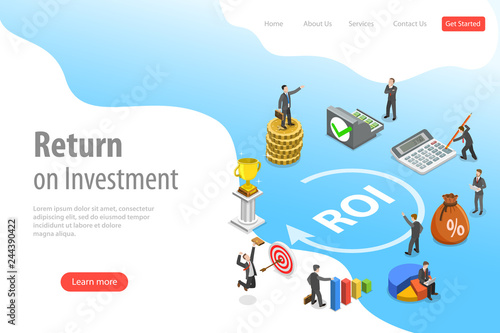 Flat isometric vector landing page template of return on investment, roi, digital marketing, marketing analysis, profit.