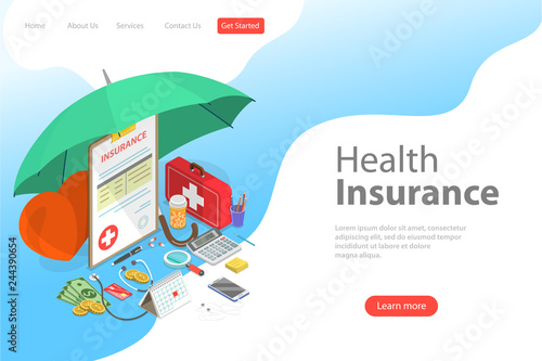 Isometric flat vector landing page template of health insurance policy, healthcare and medical service.