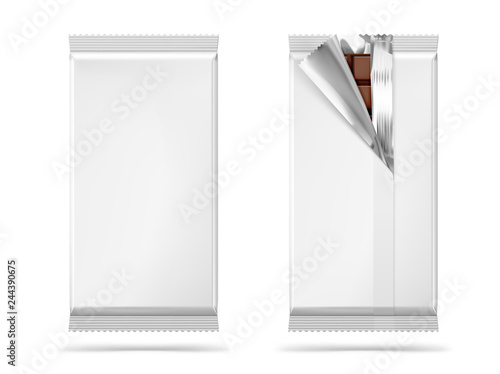 Blank mockups of flow packages. Vector illustration isolated on white background. Front and rear view. It can be used in the adv, promo, package, etc. EPS10