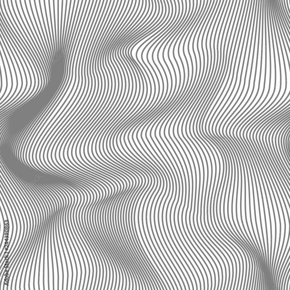 Abstract seamless pattern of undulating shapes. The illusion of distortion of space and movement of lines.