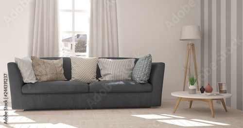 Idea of white minimalist room with sofa. Scandinavian interior design. 3D illustration