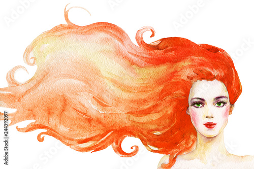 Watercolor beauty young woman. Hand drawn portrait of ginger head girl. Painting fashion illustration on white background
