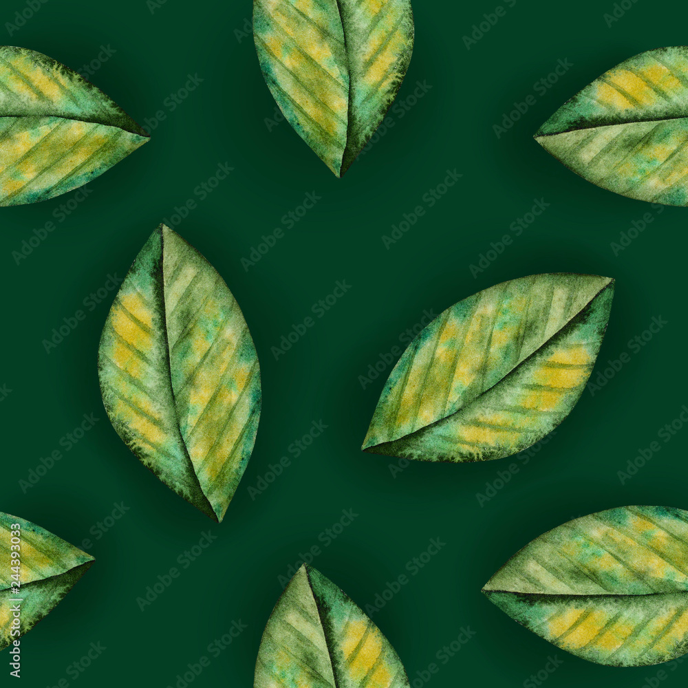 Illustration of watercolor hand drawn pattern with colorful green leaves. Summer, Spring or Autumn background.