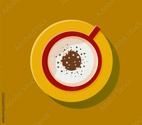 Cappucino illustration. Drink illustration. Capuccino cup of coffee. Brown drink for breakfast with cream. Aroma beverage with milk. Flat illustration.