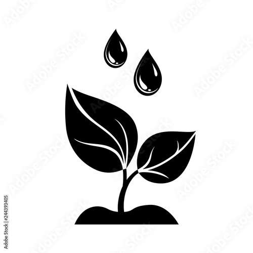 Irrigation icon. Water drops falling on small plant with leaves. Vector Illustration