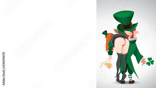 Cartoon of a Happy St. Patrick's Day with blank signboard.Leprechaun carries a drunken girl over her shoulder.