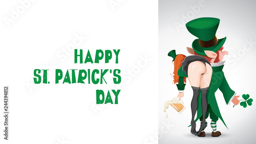 Cartoon of a Happy St. Patrick's Day with textual signboard. Leprechaun carries a drunken girl over her shoulder.