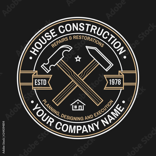 House construction company identity with suburban american house. Vector illustration. Thin line badge, sign for real estate, building and construction company related business.