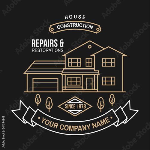 House construction company identity with suburban american house. Vector illustration. Thin line badge, sign for real estate, building and construction company related business.