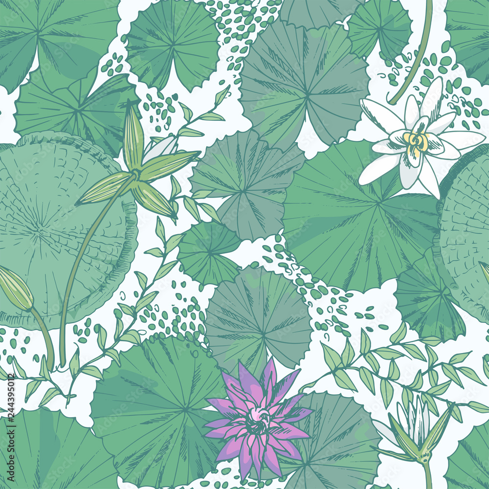 Seamless pattern with water lilies and other water plants