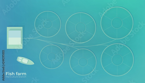 Mariculture. Fish farm in open sea water in special protected ponds. Vector top view illustration.