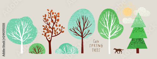 cute spring trees, vector isolated illustration of trees, leaves, fir trees, shrubs, sun, snow and clouds, elements of nature to create a landscape