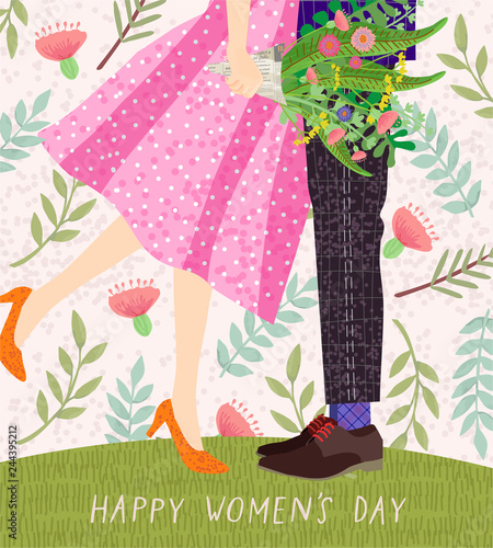 Happy women's day! Cute card or poster with a vector illustration of a dancing couple on a date with a bouquet of flowers, congratulations on the holiday