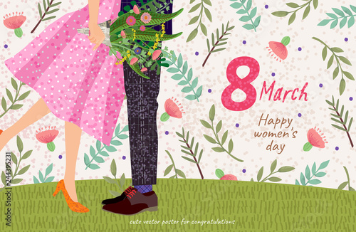 Happy women's day! Cute card or poster with a vector illustration of a dancing couple on a date with a bouquet of flowers, congratulations on the holiday