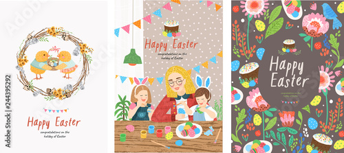 Cute vector cards, posters and banners with a Happy Easter greeting! Illustrations of a wreath of willow twigs, a family of coloring eggs and a festive pattern