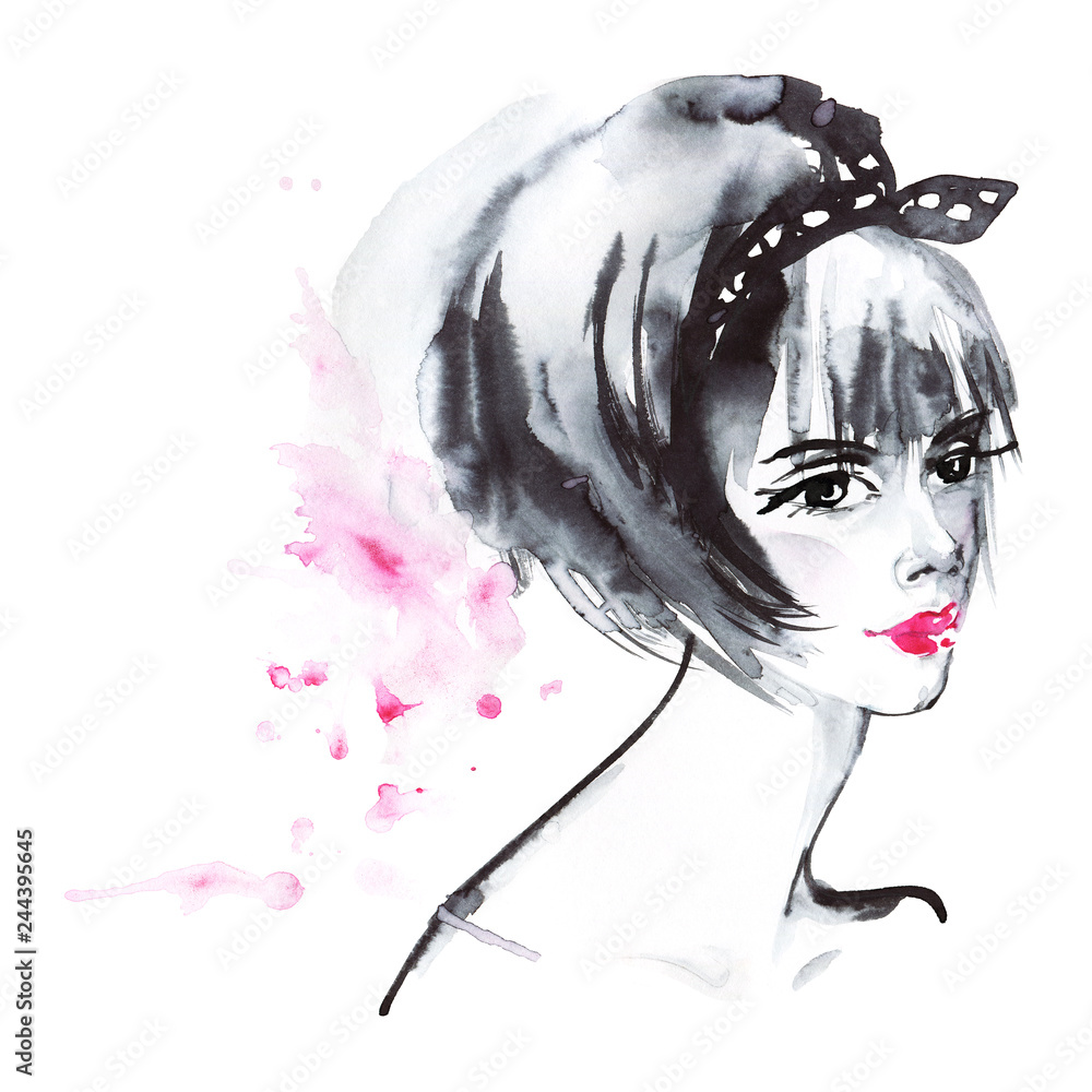 Fototapeta premium Painting beauty asian woman. Watercolor fashion illustration in anime style. Hand drawn portrait of pretty lady on white background with splashes