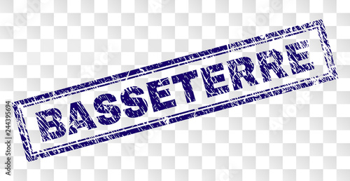 BASSETERRE stamp seal print with rubber print style and double framed rectangle shape. Stamp is placed on a transparent background. Blue vector rubber print of BASSETERRE caption with unclean texture.