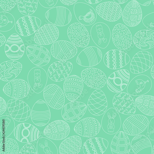 Holy Easter seamless background. Painted eggs with ornaments on a light green spring background. Vector illustration.
