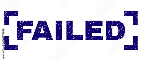 FAILED text seal print with distress texture. Text label is placed between corners. Blue vector rubber print of FAILED with scratched texture.