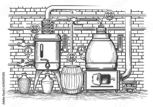 Vintage distillation equipment. Old sketch distil apparatus distilled whisky copper tank vintage metal moonshine, vector illustration