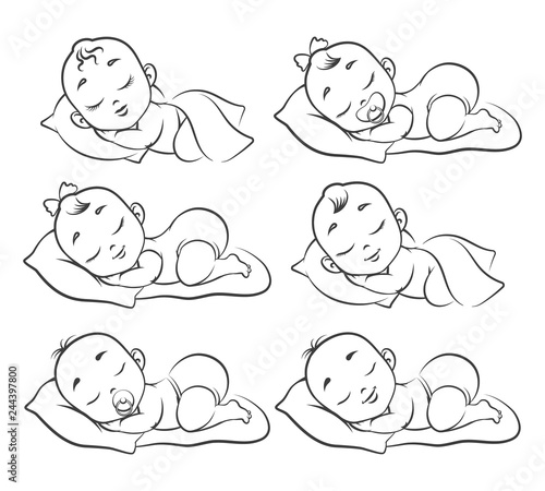 Newborn baby sketch. Hand drawn sleeping babies isolated on white, happy human girl and boy toddlers, drawing kids vector illustration