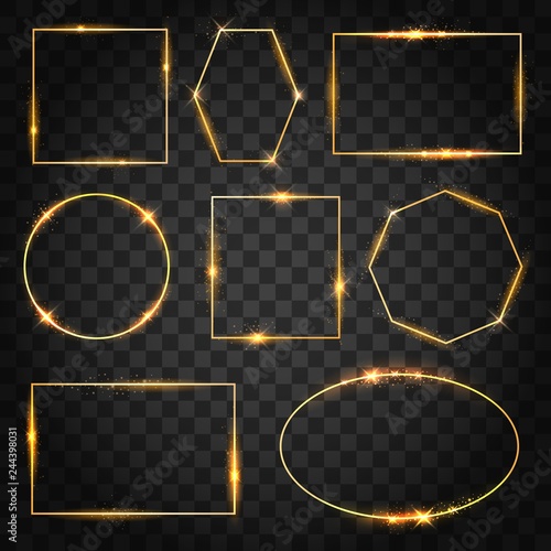 Gold glow frames. Golden sparkles frame set, magic light shiny glowing rectangle and curved borders isolated on transparent background, vector illustration