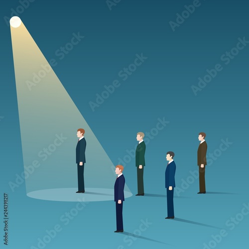 Talent recruit. Hiring vector concept. Businessman standing in spotlight looking for new career opportunities, vector illustration