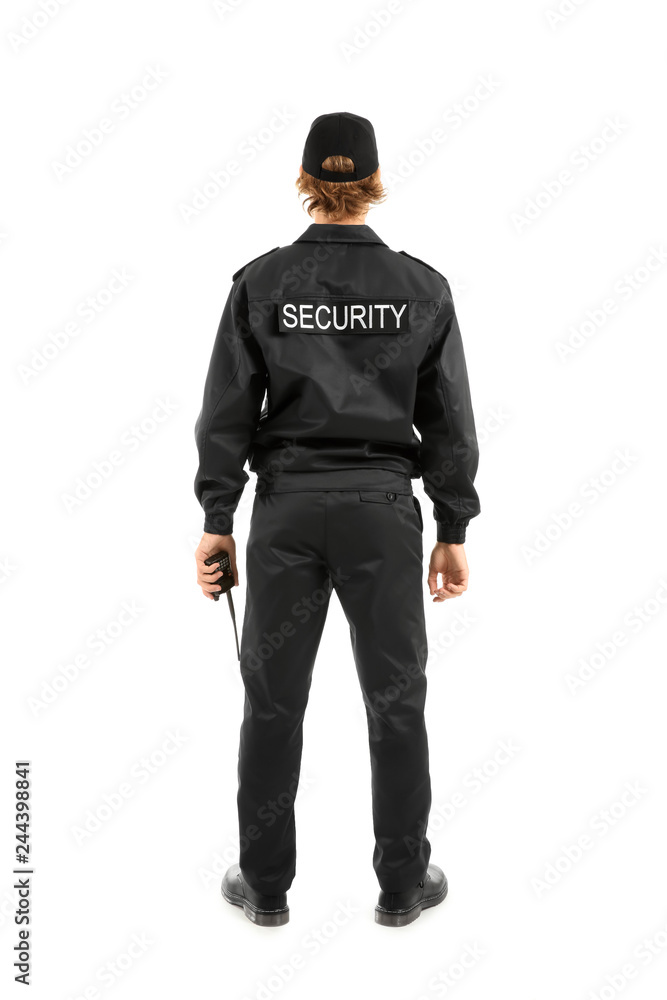 Male security guard on white background, back view Male security guard on white background, back view
