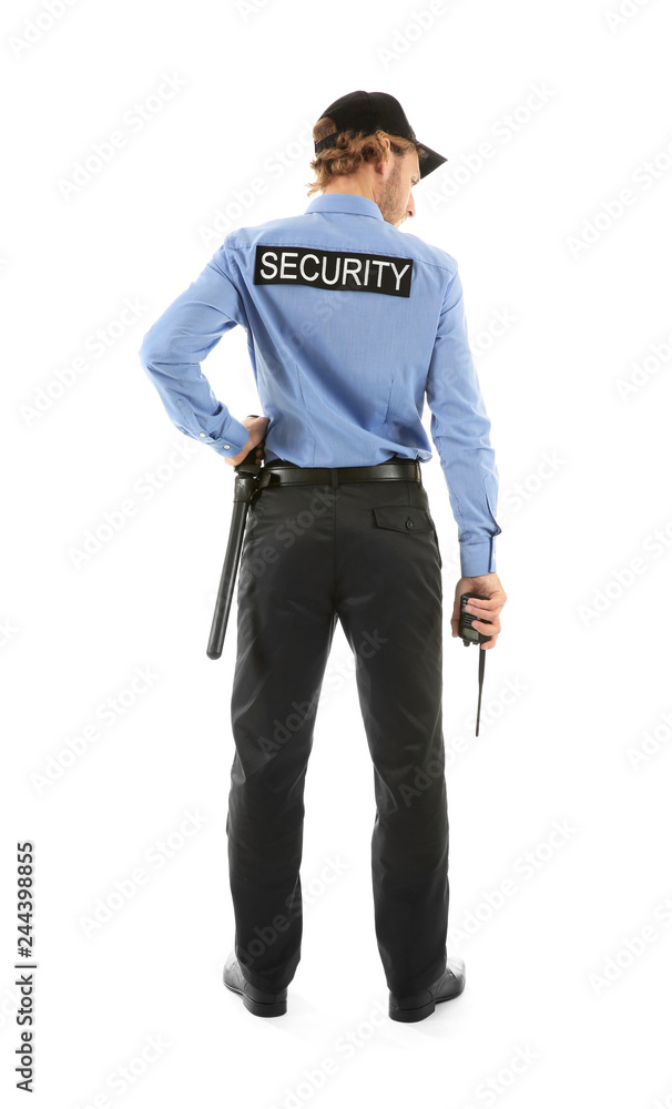 Male security guard on white background, back view Male security guard on white background, back view