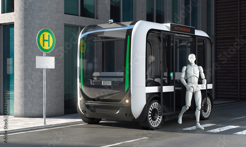 Autonomous Bus With Passenger Exiting On Bus Stop Normal Perspective With Empty Sign Stock イラスト Adobe Stock