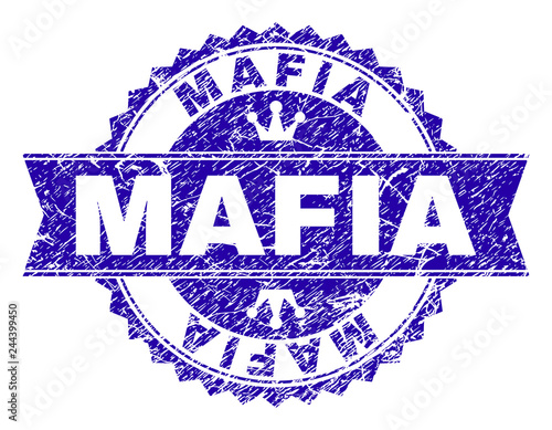 MAFIA rosette stamp seal watermark with distress texture. Designed with round rosette, ribbon and small crowns. Blue vector rubber watermark of MAFIA caption with corroded style.