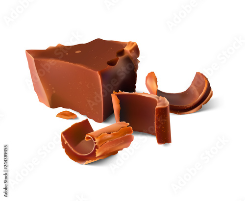 Realistic chocolate pieces and shavings. Vector illustration isolated on white background. Ready for your design. EPS10.