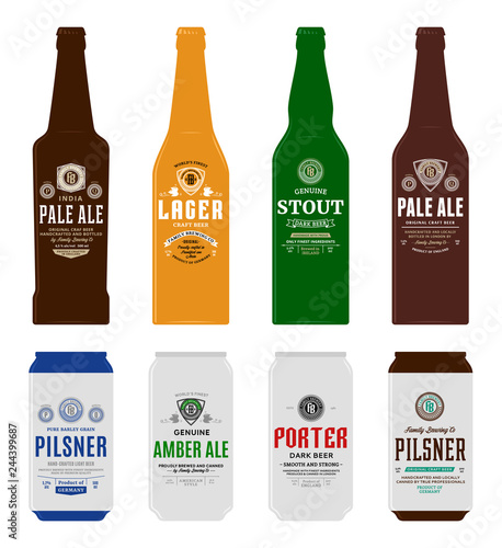 Vector beer labels, bottle and can mockups