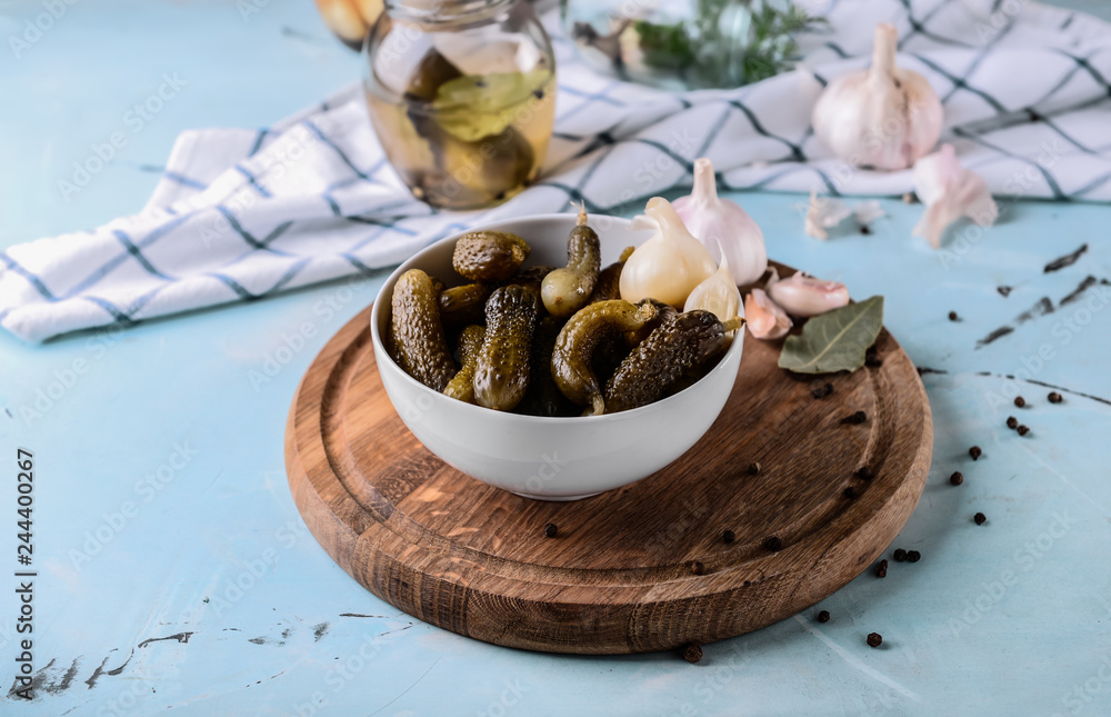 Fototapeta premium Homemade pickled cucumbers and garlic, food preservation and traditional recipe concept