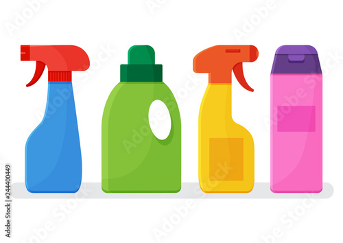 Chemical detergents. Set of colorful bottles cleaning agent. Vector illustration