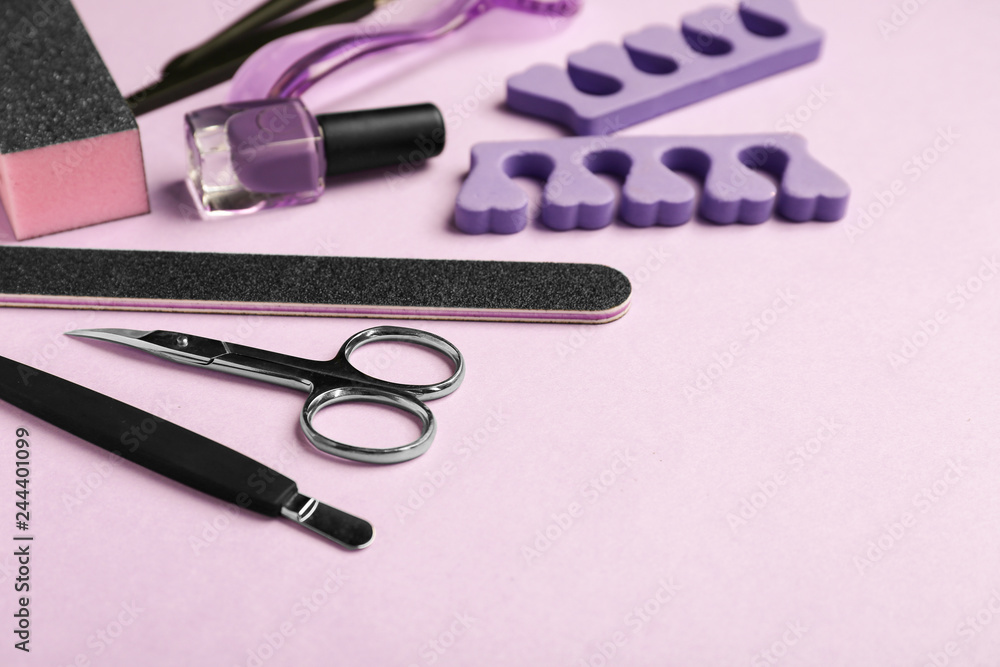 Set of pedicure tools on color background Set of pedicure tools on color background