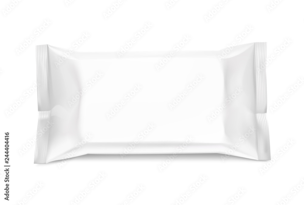 Flow package with realistic transparent shadows on white background. Front view. Vector mockup ready for your design. Can be used for food, medical, cosmetic and hygiene. EPS10. Flow package with realistic transparent shadows on white background. Front view. Vector mockup ready for your design. Can be used for food, medical, cosmetic and hygiene. EPS10.