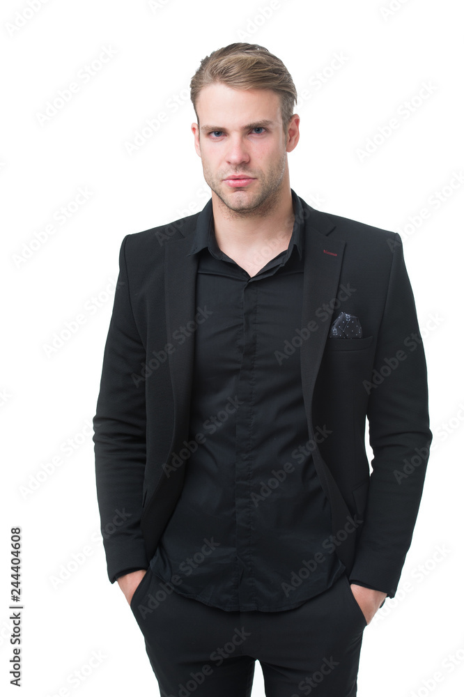 Rules for wearing all black clothing. Black fashion trend. Man elegant  manager wear black formal outfit on white background. Reasons black is the  only color worth wearing. Elegance in simplicity Stock Photo |