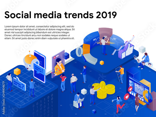 Trends in social media 2019. Chatbot, video broadcast, stories, SMM promotion, online analytics. People in social network. Flat 3d isometric banner. Website banner templates. Vector illustration