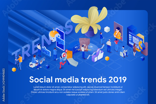 Trends in social media 2019. Chatbot, video broadcast, stories, SMM promotion, online analytics. People in social network. Flat 3d isometric banner. Website banner templates. Vector illustration