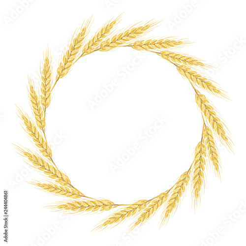 Wheat wreath isolated on white background . Round frame of wheat spikelets with space for text. Vector illustration in cartoon flat style.