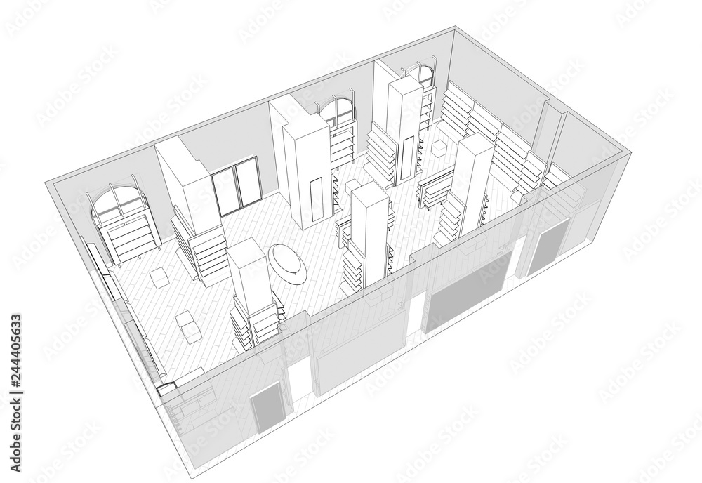 Fototapeta premium shop, store, shopping mall, contour visualization, 3D illustration, sketch, outline