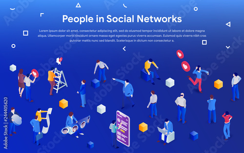 People in social media 2019. 3d isometric promotion business concept. Men and women in crowd on blue background. Communication addiction. Vector illustration for website or advertisement.