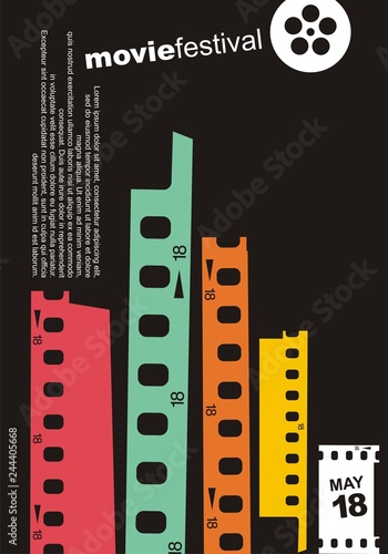 City skyline made from film strip design elements. Movie cinema retro poster design layout. Symbolic minimalist flyer  for film festival. Artistic vector illustration.