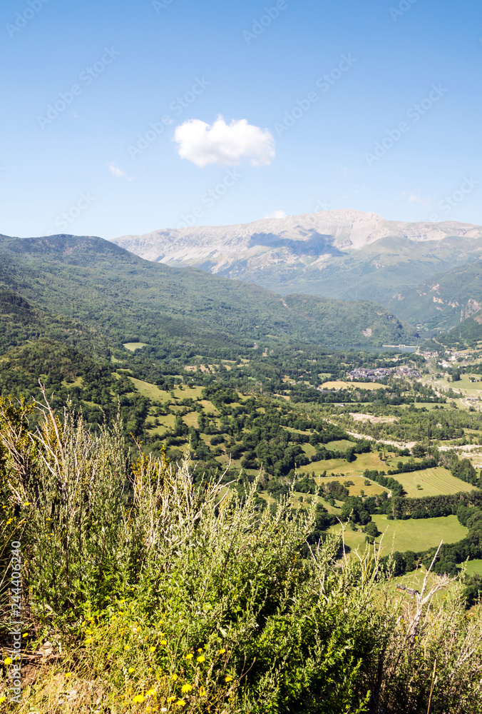 Mountains of the Pyrenees in the Benasque valley in Spain on a sunny day.